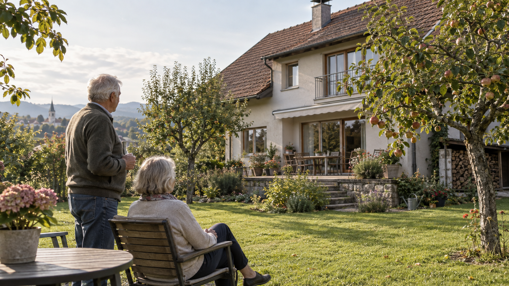 Älteres Paar blickt vom Garten auf sein Familienhaus