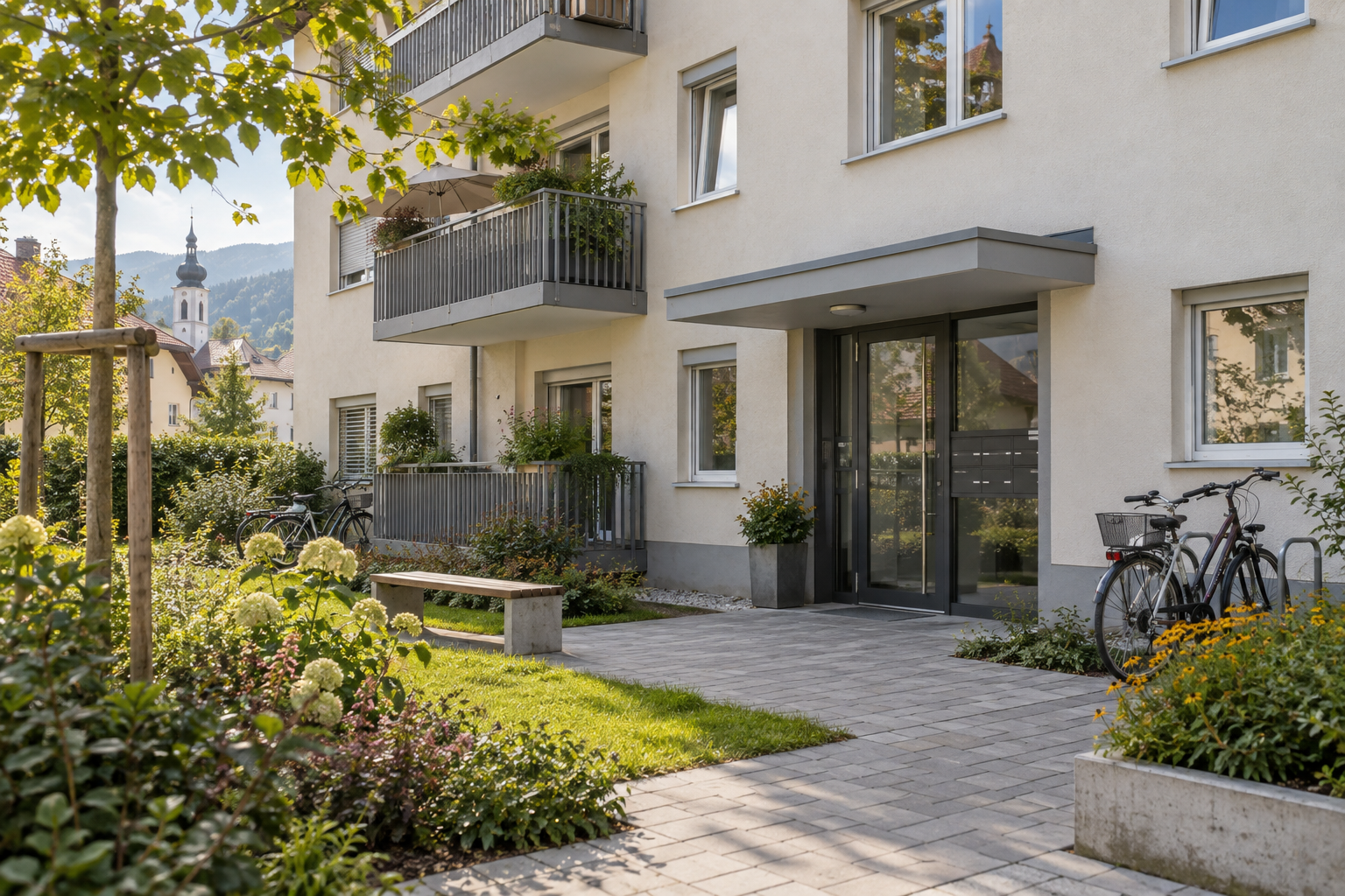 Gewöhnliches Wohnhaus mit begrüntem Eingangsbereich in einem österreichischen Ort